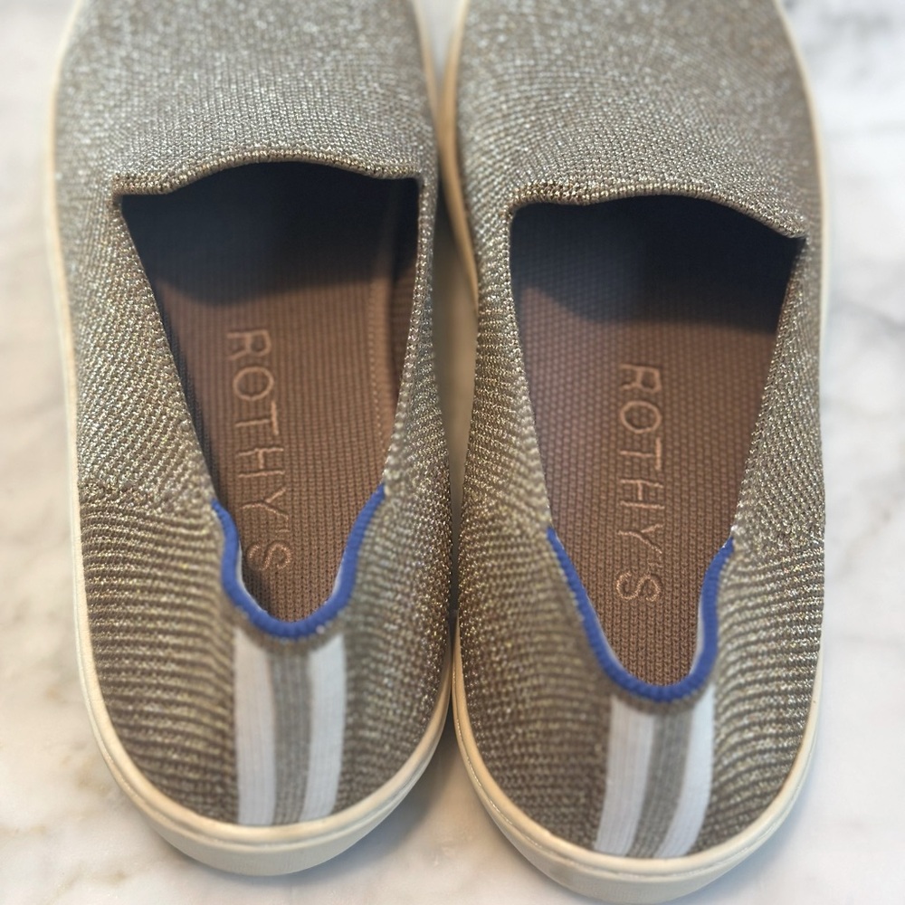 Rothy's Sparkly Gold Twill Slip-On Sneakers with Blue Accent Sz 7.5 EUC